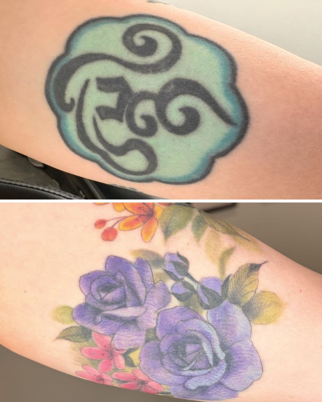 Before and after showing a teal and black abstract tattoo on the forearm, and a detailed purple floral coverup over the same area, with intact, unscarred skin visible in both frames